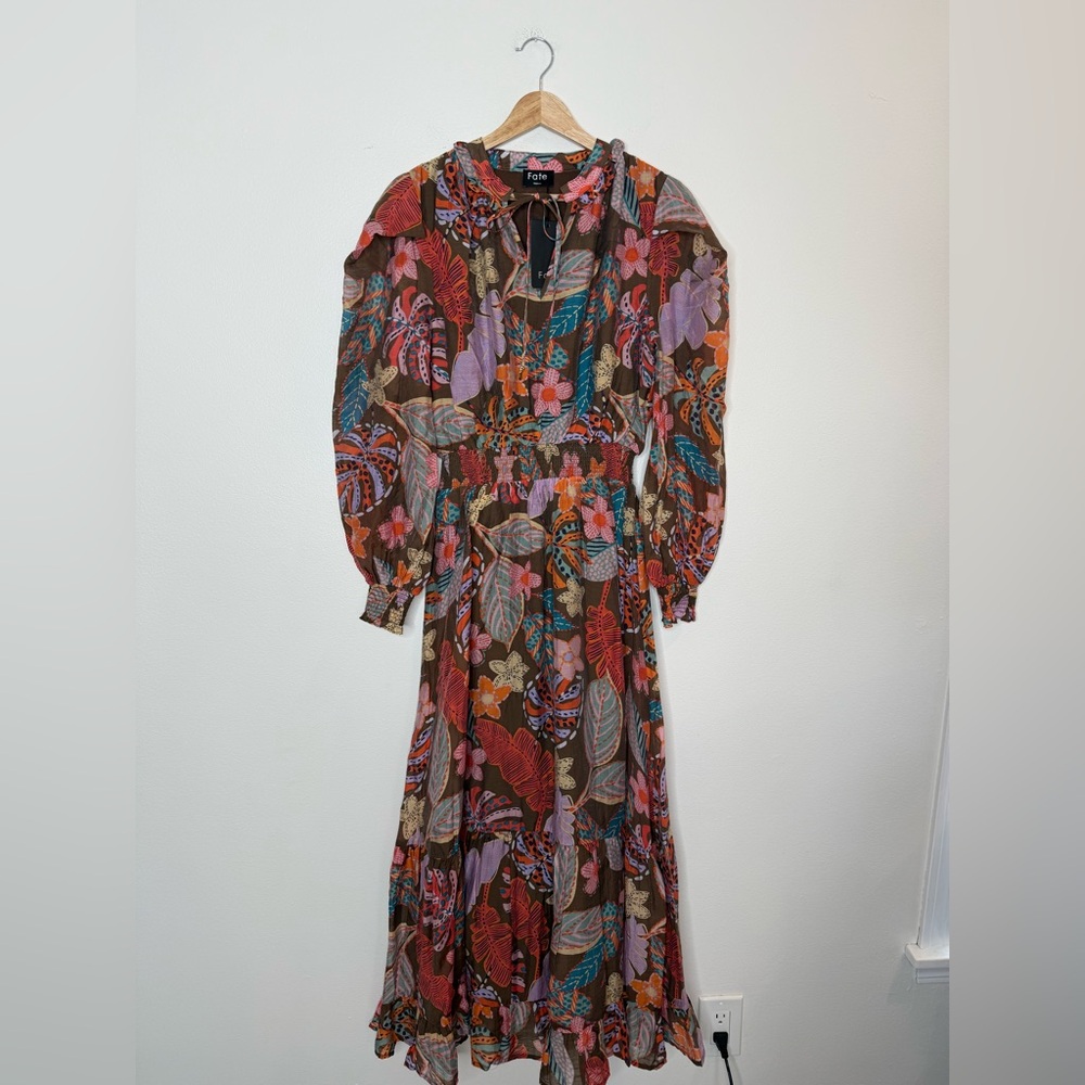 New FATE Spring Floral Tropical Vibrant Flowy Maxi Dress Puff Long Sleeve small - Picture 3 of 15